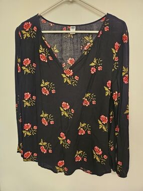 Old Navy Black Long Sleeve V-Neck Top with Pink Floral Print